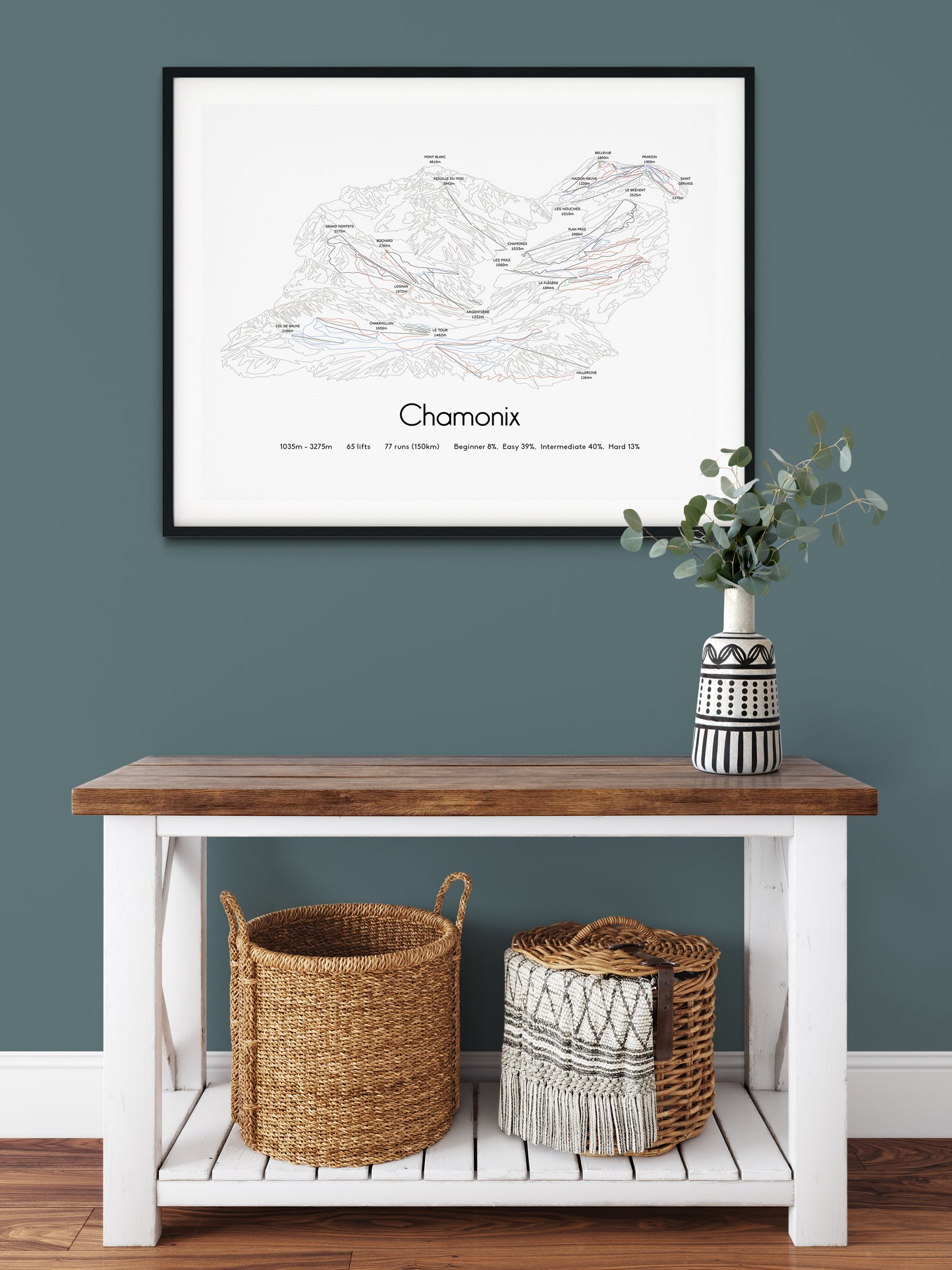 Chamonix ski art print on green wall