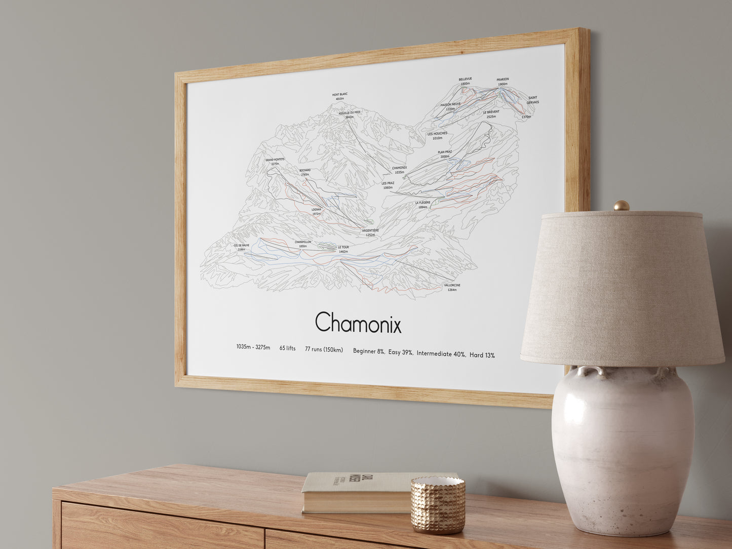 Chamonix ski art print angled
