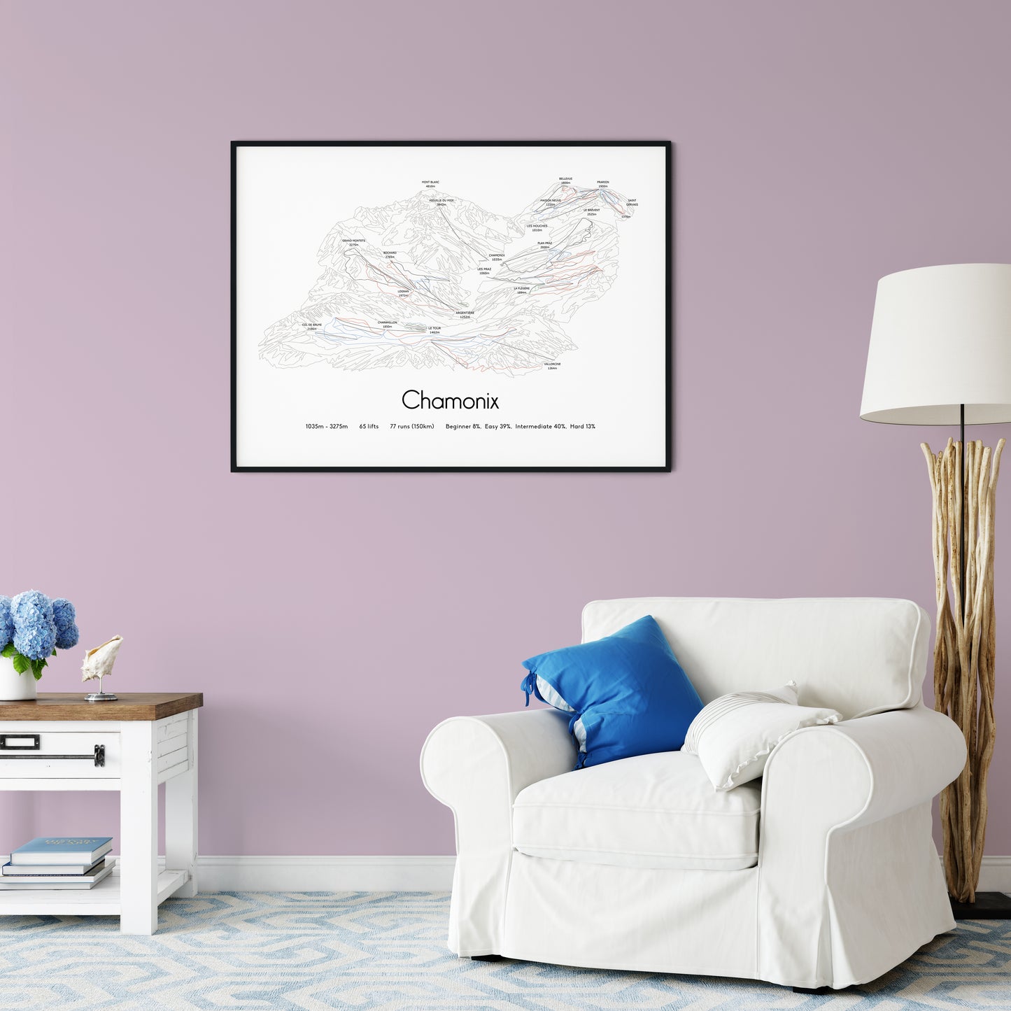 Chamonix ski art print on pink wall