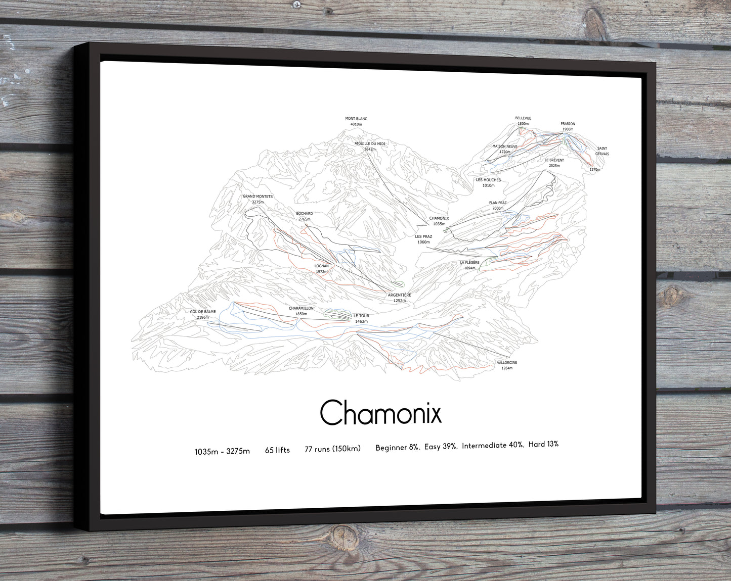 Chamonix ski art print on wooden wall