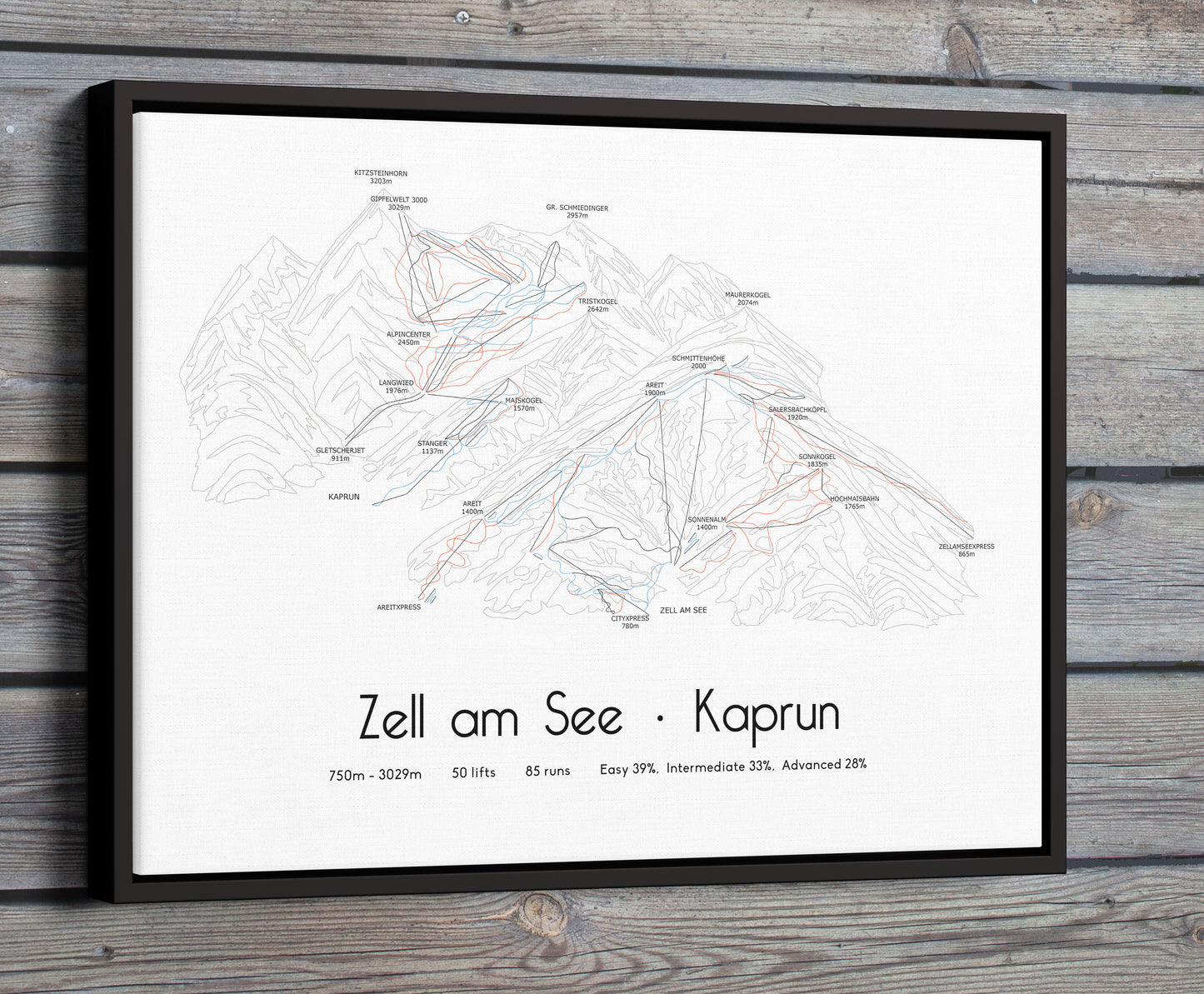 zell am see ski art print on wooden wall