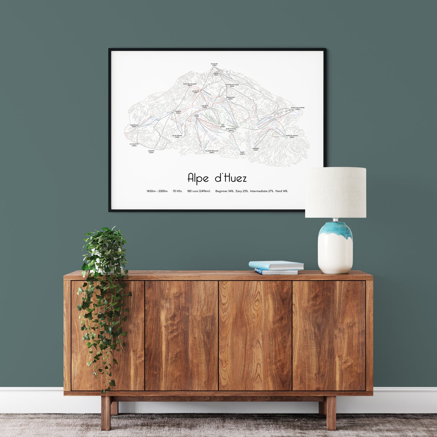 Alpe d'Huez ski art print on green wall dark