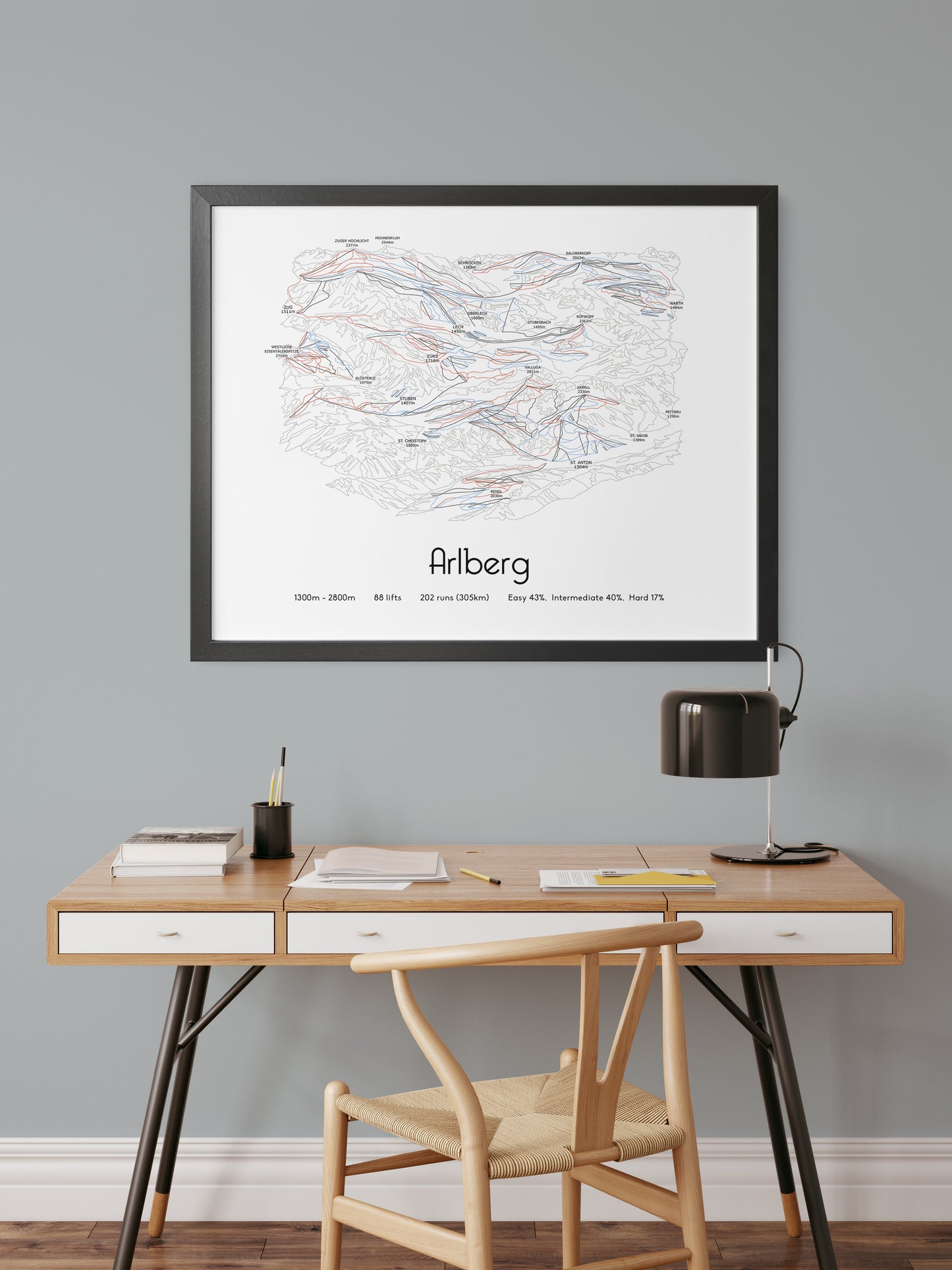 arlberg st anton lech zurs ski art print over desk