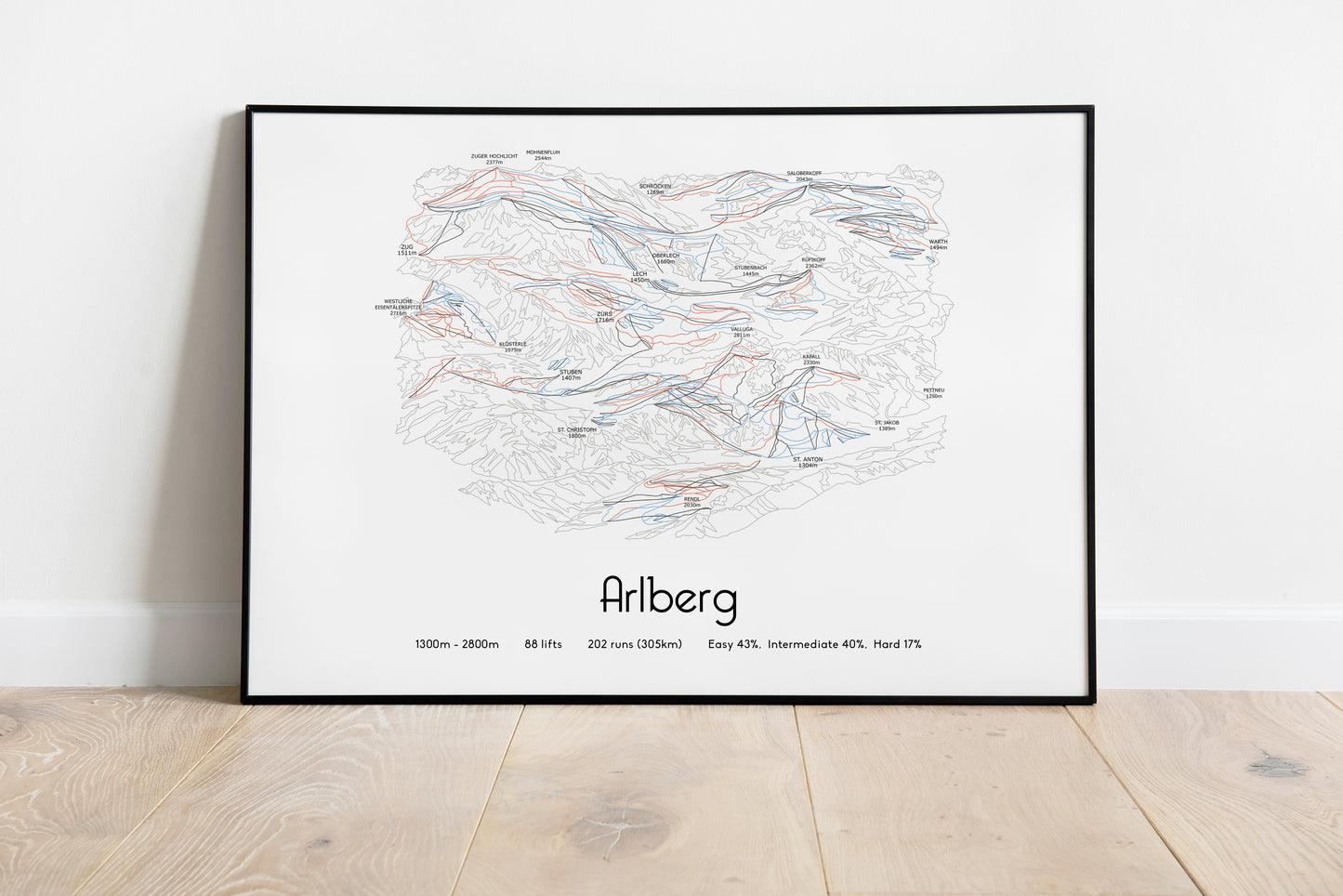 arlberg st anton lech zurs ski art print in black frame