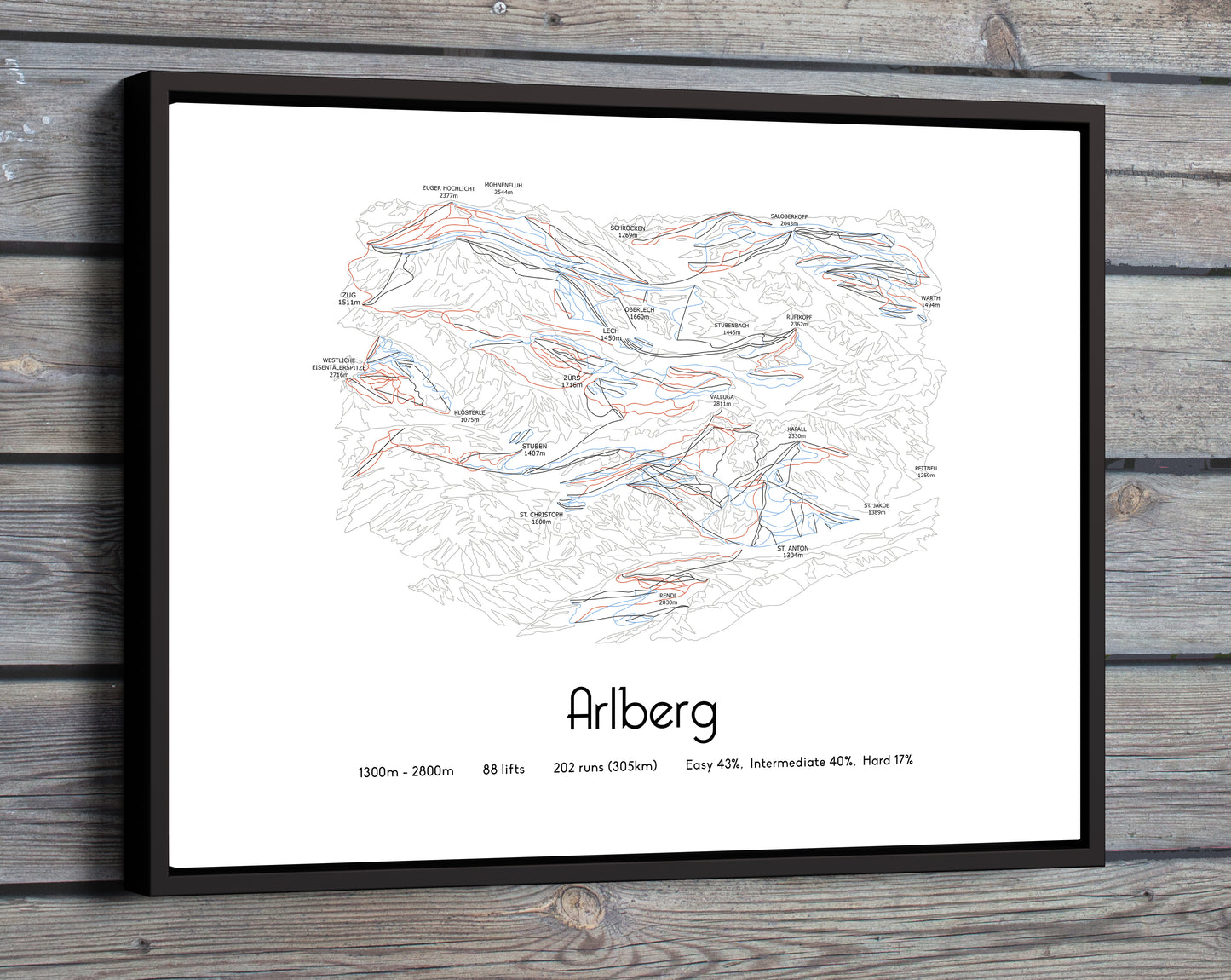 arlberg st anton lech zurs ski art print on wooden wall