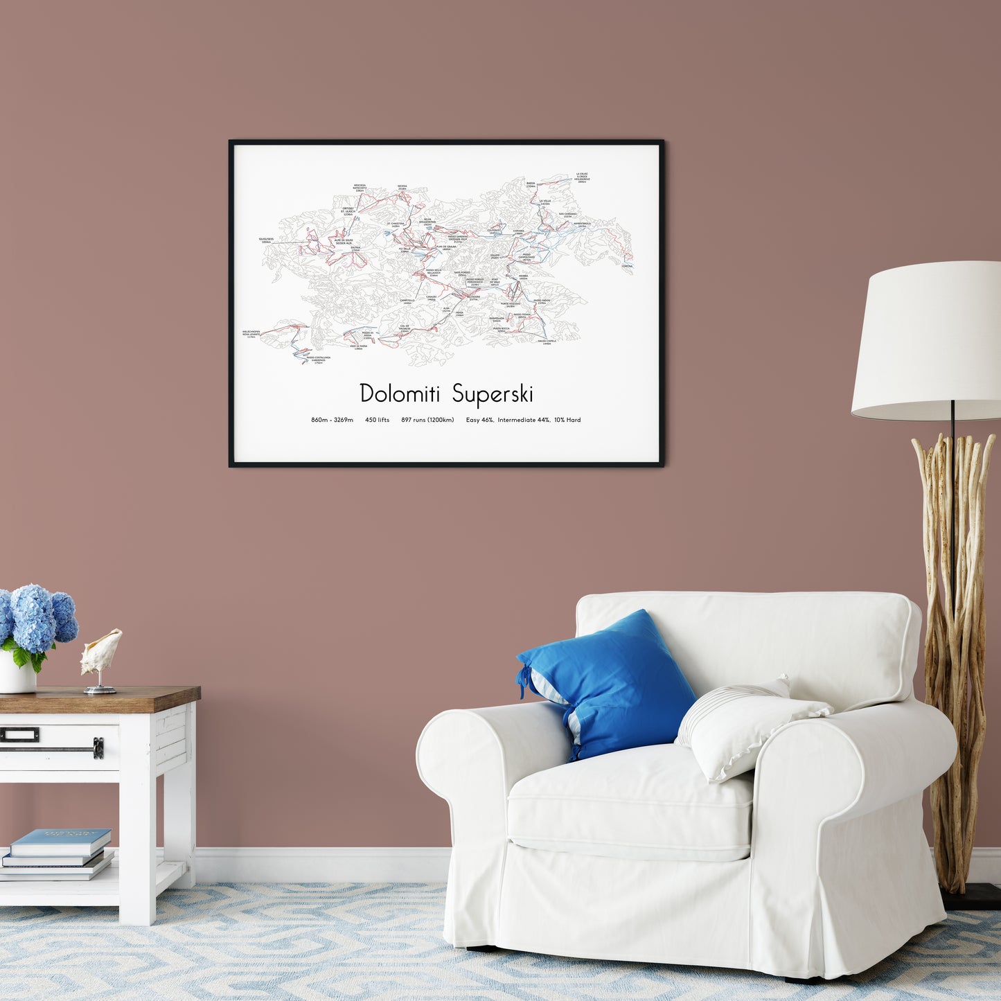 Dolomiti superski ski art print on pink wall