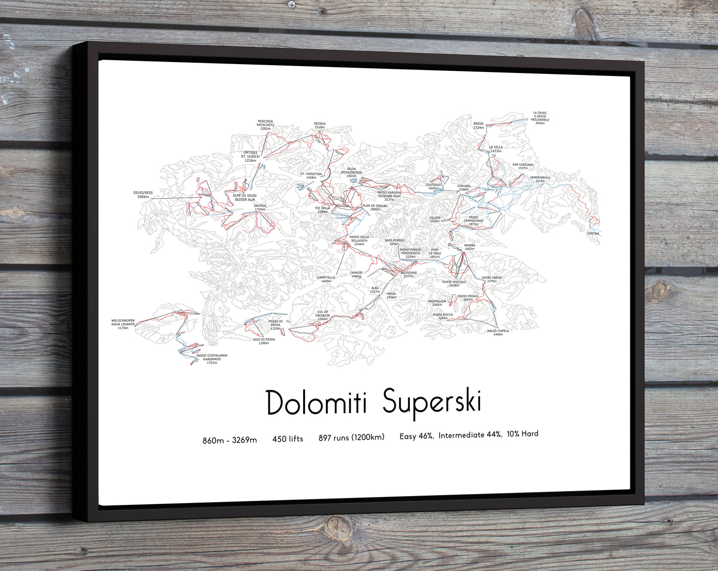 Dolomiti superski ski art print on wooden wall