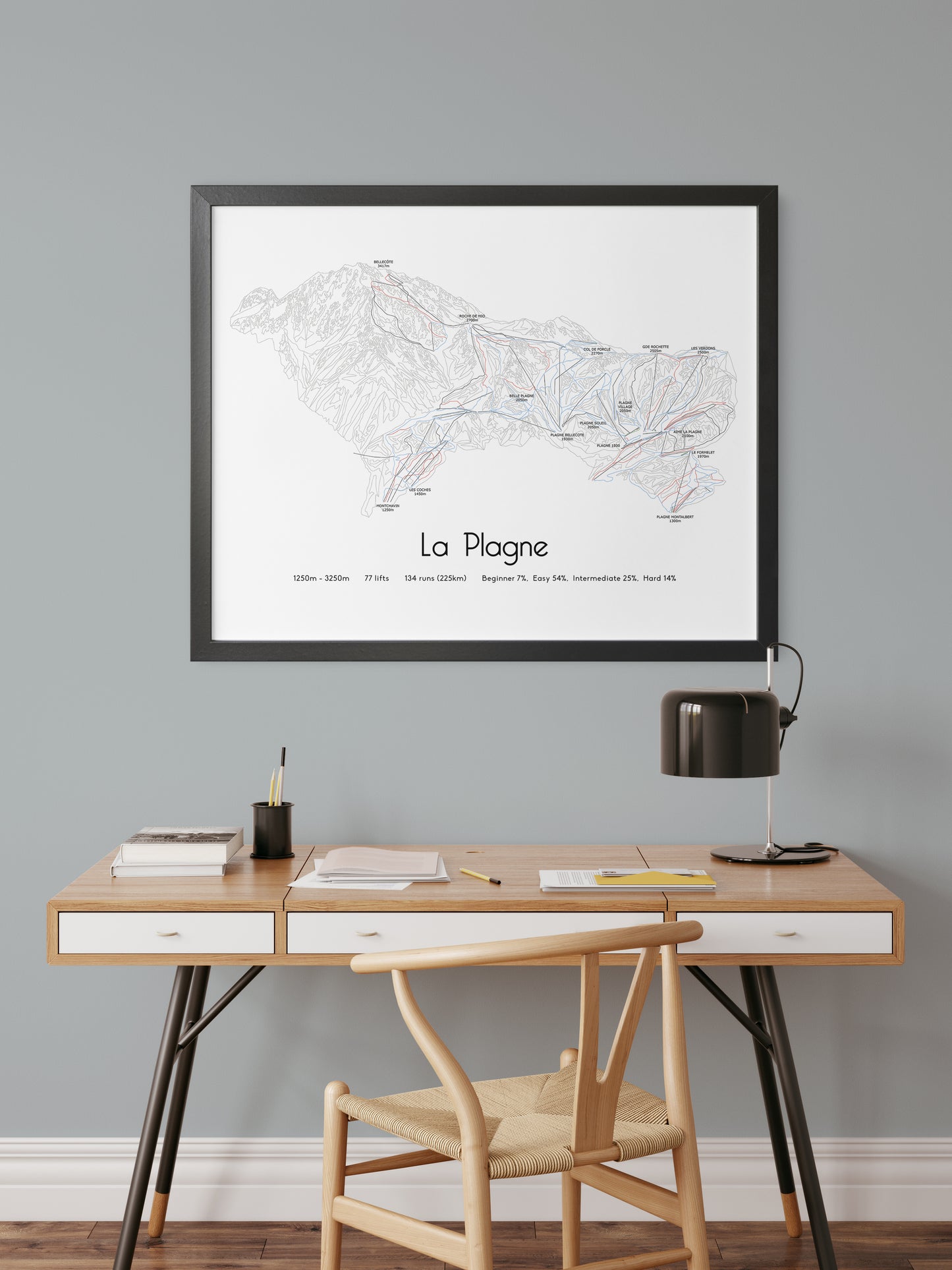 la plagne ski art print over desk
