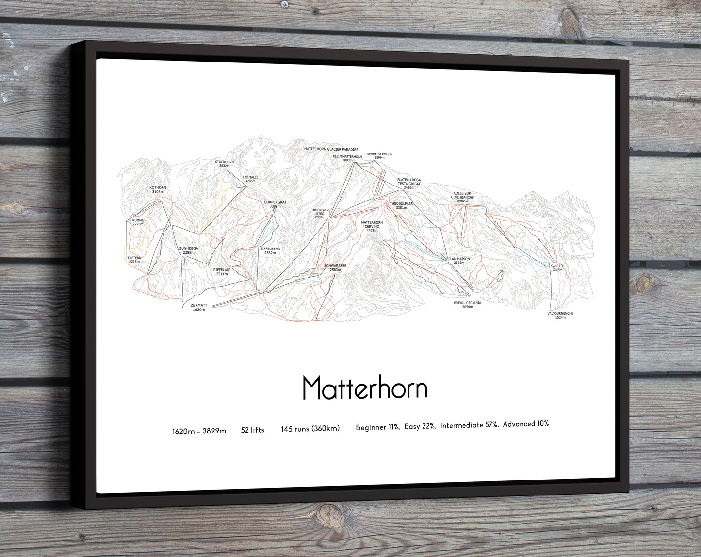 Matterhorn Zermatt ski art print on wooden wall