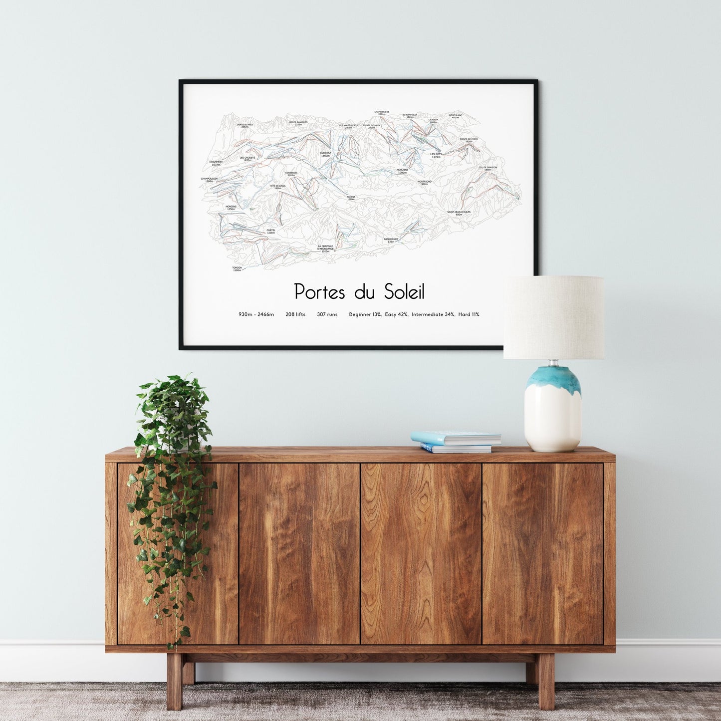 portes du soleil ski art print over sideboard