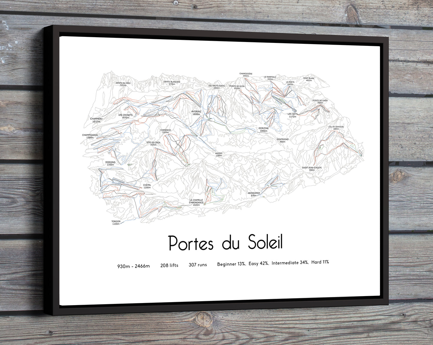 portes du soleil ski art print on wooden wall