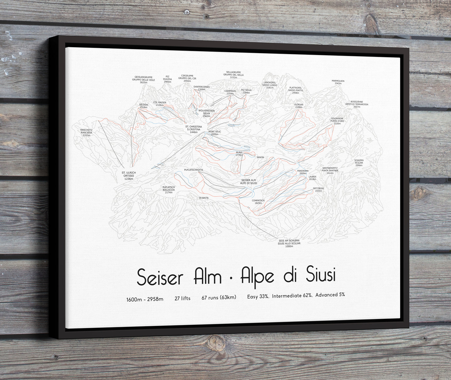 Seiser Alm . Alpe di Siusi mountain artwork wood