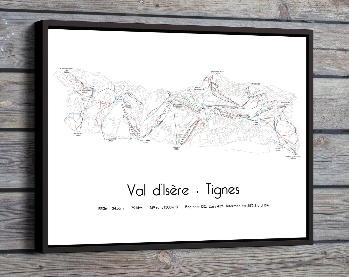 val d'isère tignes ski art print on wooden wall