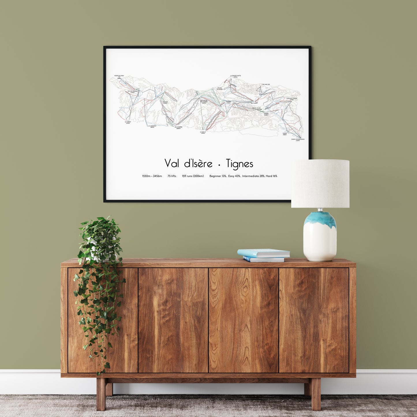 val d'isère tignes ski art print on green wall