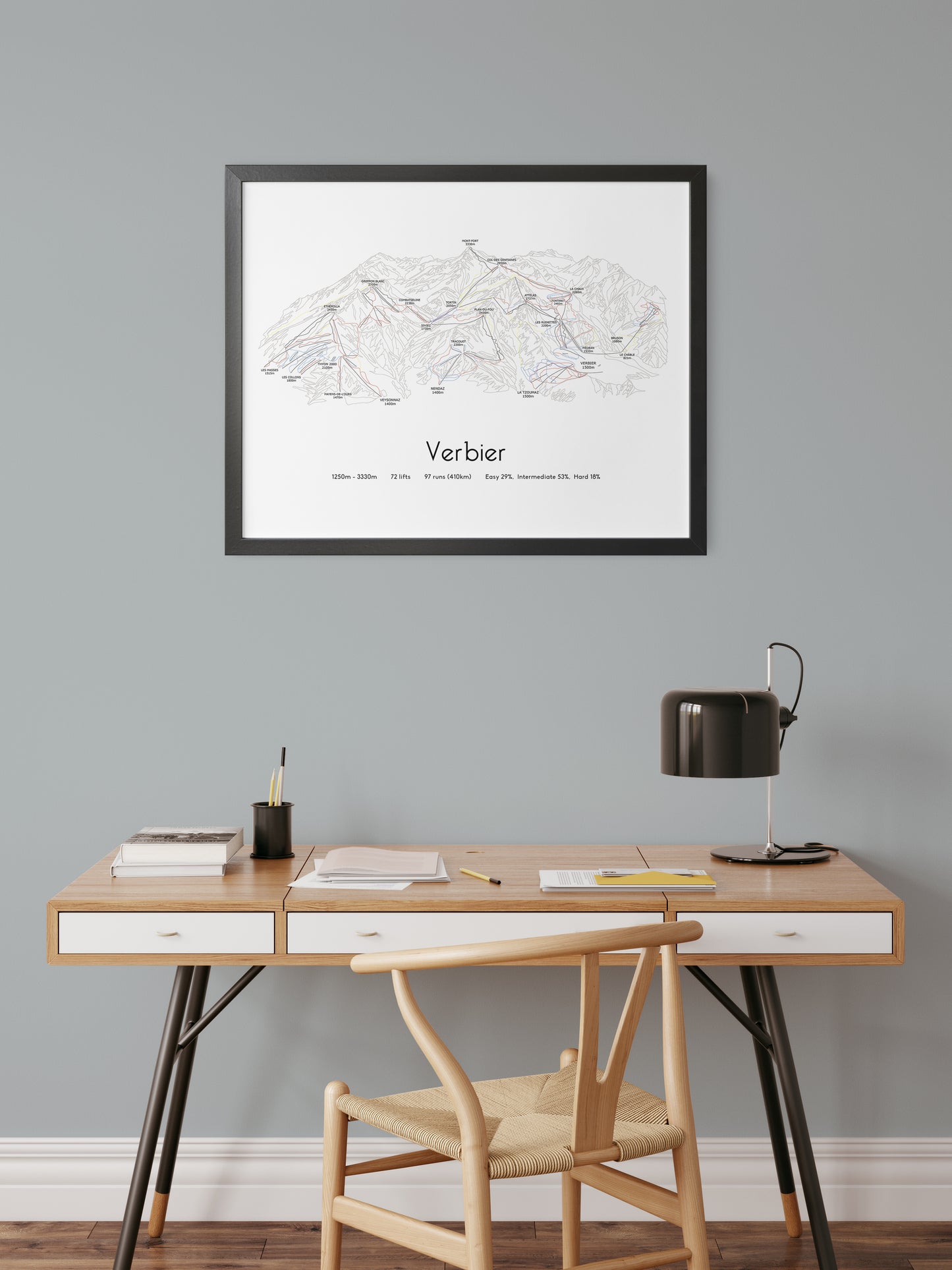 verbier 4 valleys ski art print over desk