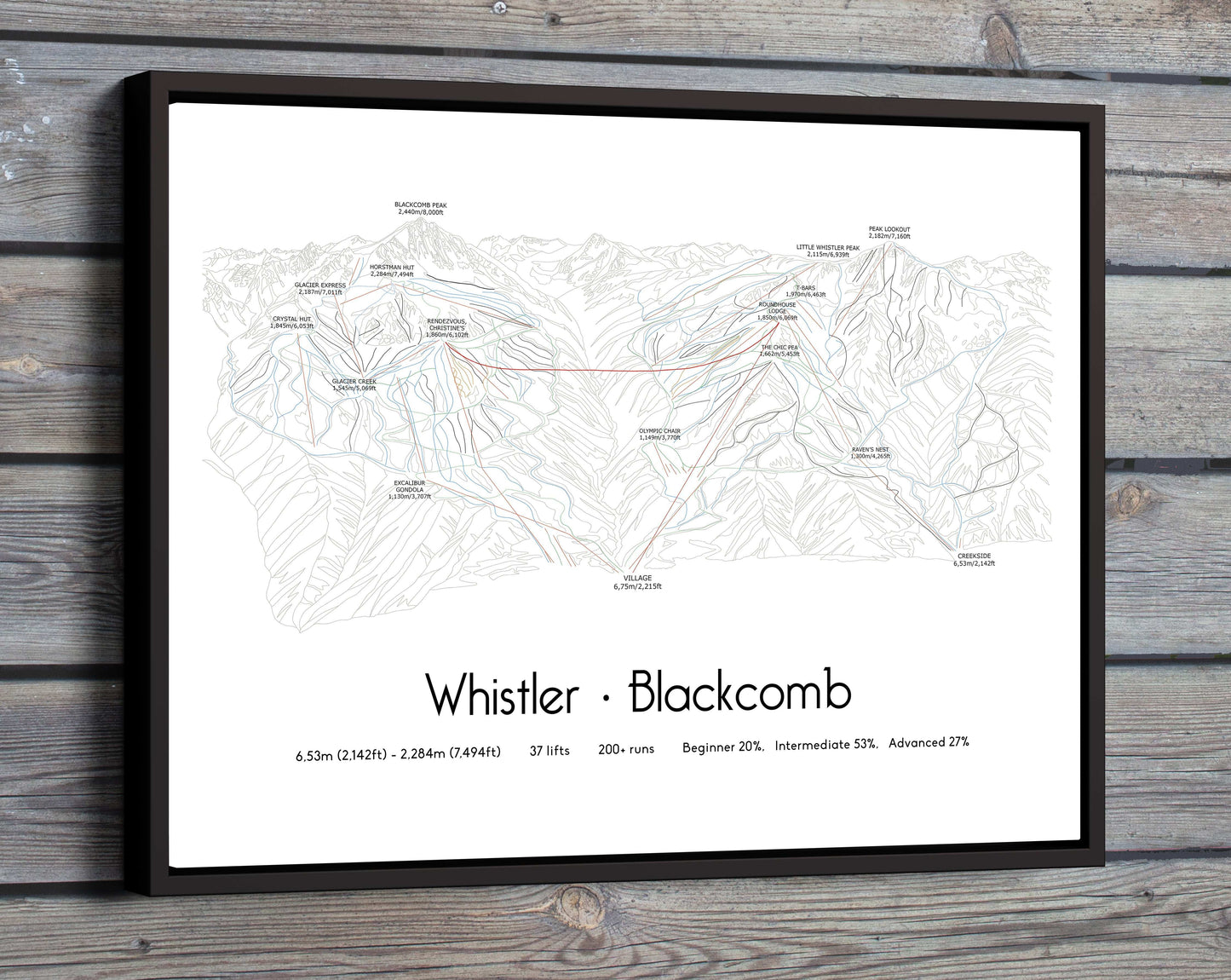whistler blackcomb ski art print on wooden wall